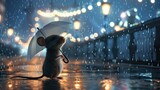 A cute little mouse stands outside in the rain, holding an umbrella, with lights and reflections on rainy days.