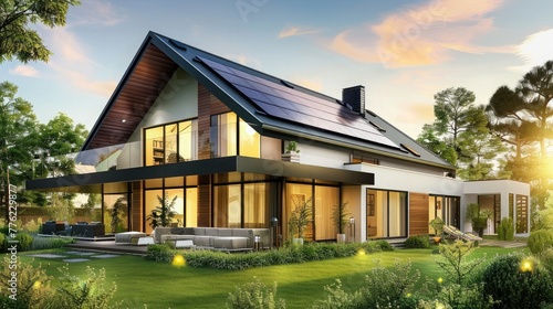 Modern house with solar panels on the roof against the sunset sky, real estate concept. Exterior of a modern house in white and black with photovoltaic system. © Светлана Канунникова