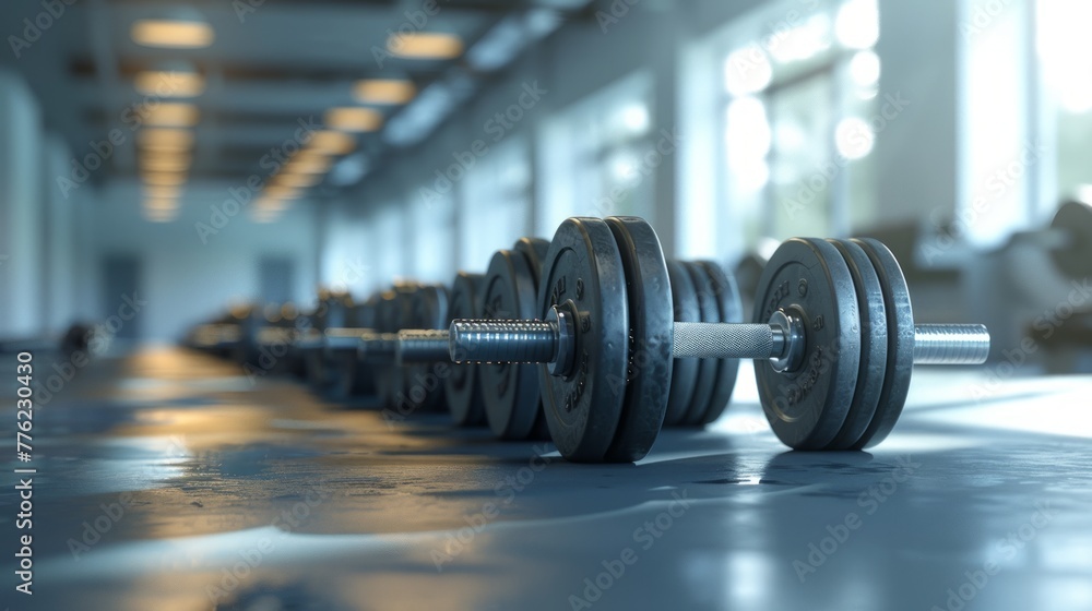 Barbell weights aligned in a modern gym with ambient lighting.