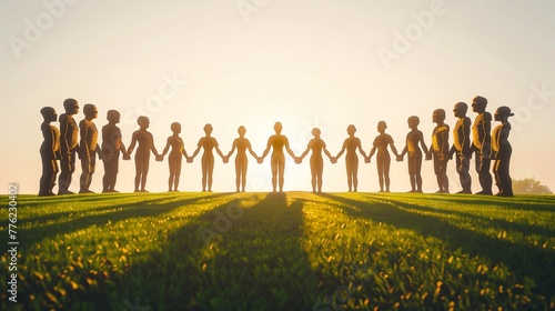 Against the backdrop of a clear, ethereal sky, a circle of hand-carved wooden statues, diverse in skin tones, stand hand in hand on a grassy field. photo