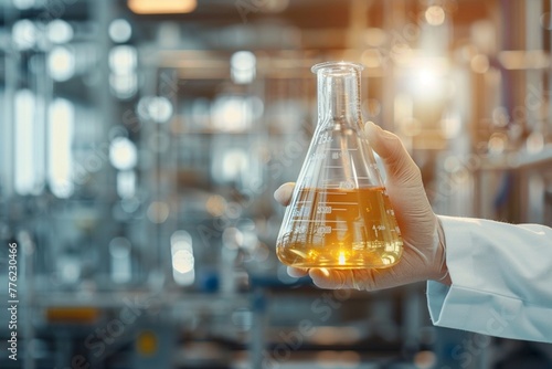 hand of scientist holding flask with lab glassware in chemical laboratory background, science laboratory research and development concept