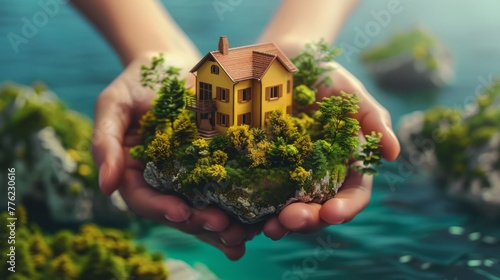 island with house and backyard in woman's hands generative ai photo