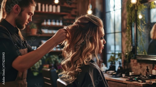 A hairdresser is giving a woman a new hairstyle.