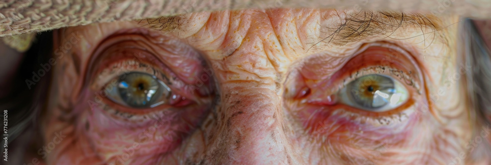 A detailed view of the weathered eyes of an elderly man, showcasing wrinkles, age spots, and wisdom gained over time