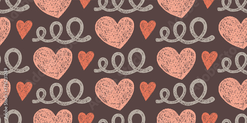 Grunge Seamless Pattern of Hand-Drawn Peach Hearts and Coffee Twists on Brown Background. Boho Style of Children's Drawing.