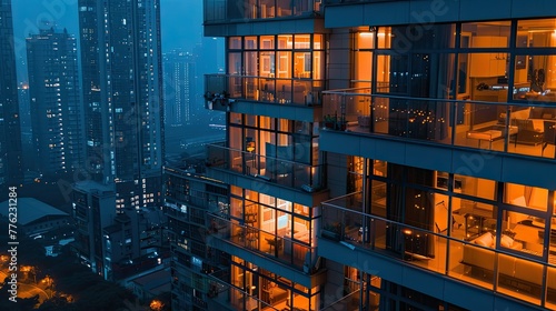 Aerial view of the exterior wall of a residential building at night with the lights on in each room. The buildings have large windows and glass facades, creating a modern cityscape.