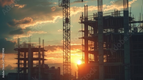 Portrait building construction site with concrete and steel on sunset view landscape. AI generated