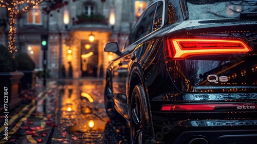 A black car is parked at the entrance to an elegant London hotel with modern architecture and lights reflecting on the wet pavement. The close-up shot focuses solely on his backside. © Светлана Канунникова