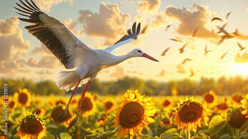 White stork flying over a field of sunflowers, golden hour illumination.