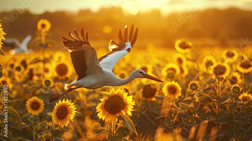 White stork flying over a field of sunflowers, golden hour illumination.