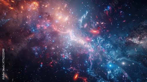 A stunning view of a distant galaxy cluster, with thousands of galaxies each contributing their own unique colors and shapes to the cosmic tapestry.
