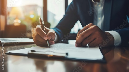 Businessman signing a signature form documents for deal agreements concept. AI generated image photo