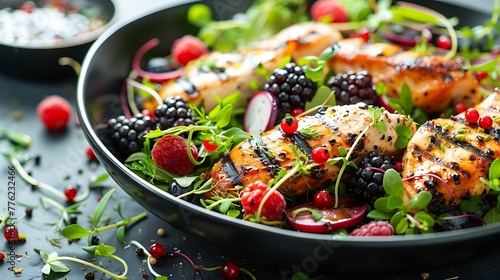 Colorful salad of grilled chicken with summer berries and herbs on the table