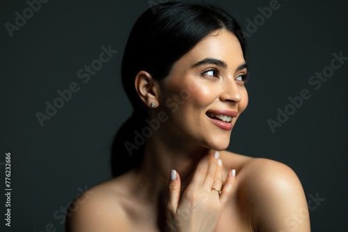 Photo of joyful lady complexion enjoy aesthetic ideal perfect skin isolated over grey color background