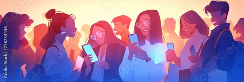 Illustration of a group of young people looking at a smartphone and smiling , social media concept, banner