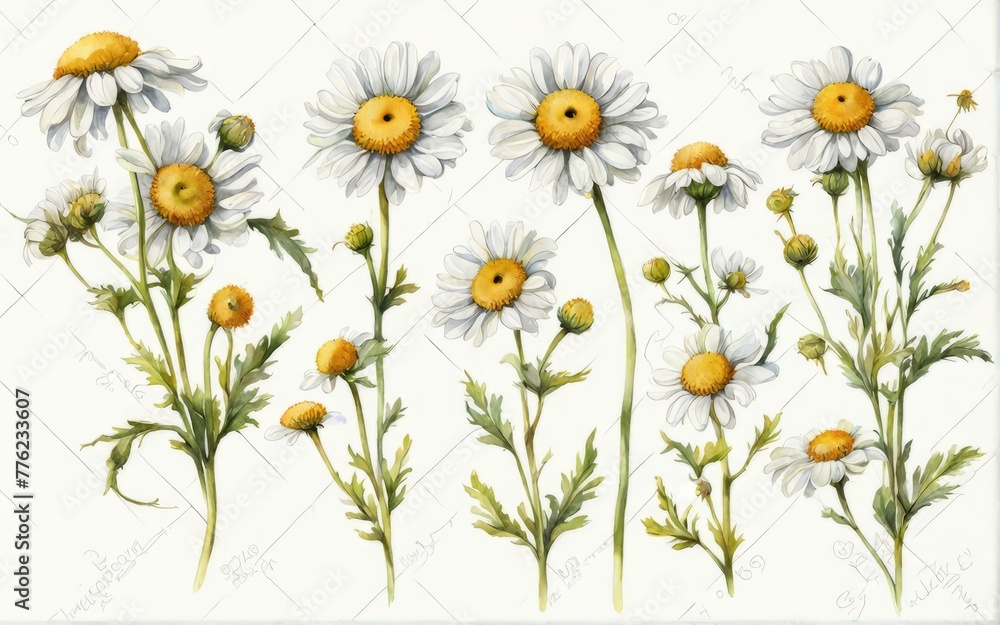 Juicy watercolor daisies on a pure white background, giving a sense of freshness and lightness. Juicy watercolor daisies on a pure white background, giving a sense of freshness and lightness.