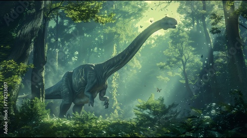 In the mist-shrouded depths of a forgotten wilderness  a massive Brachiosaurus looms like a living mountain amidst the ancient trees.