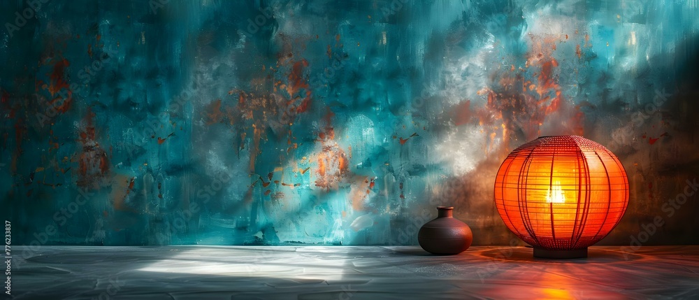 Fototapeta premium Intricate Design of Oriental Geometric Wall Lamp Enhances Unique Decorative Lighting Effect. Concept Home Decor, Lighting Design, Oriental Style, Geometric Pattern, Unique Interior