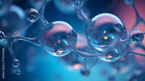 Macro of blue liquid molecules with water atoms