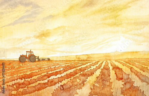 A tractor plows a field on a sunny day, watercolor illustration, in style of children's book, Farming, Earth's Bounty, Educational Materials, Agricultural Equipment Advertisements, Banner