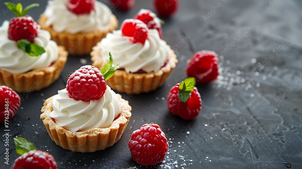 Delicious raspberry mini tarts with whipped cream on dark background
