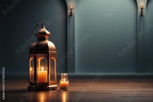 minimalistic design Ramadan Kareem with serene mosque and lantern, photo
