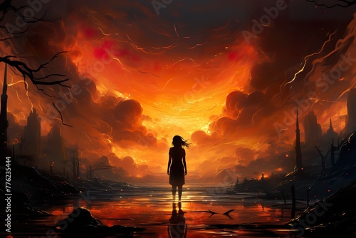 minimalistic design warrior woman standing on the ground of fire watching the spirits float up in the sky photo
