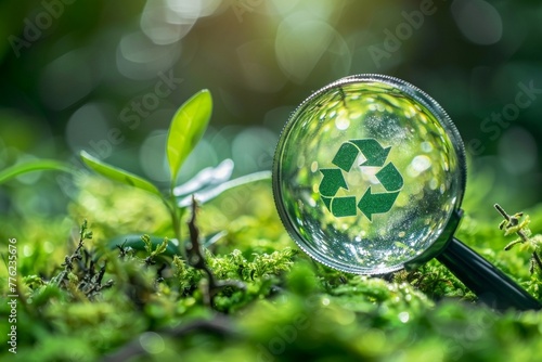 Magnifying glass with reduce CO2 emissions carbon symbol on green background for climate change to limit global warming and sustainable development and green business concept