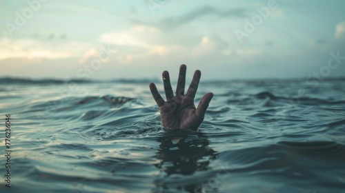 Dramatic view of human hand drowning in river water need help. AI generated image