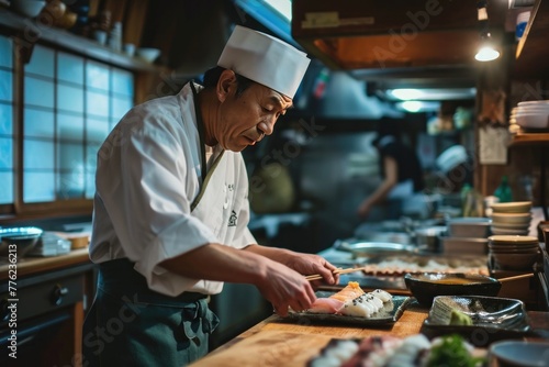 Asian chef preparing Japanese food in a restaurant. AI generative.