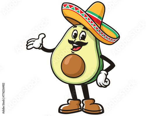 Avocado wearing sombrero cartoon mascot illustration character vector clip art hand drawn