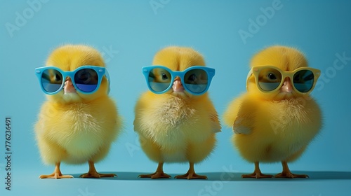 three adorable yellow chicks wearing stylish blue sunglasses and sporting trendy bangs, set against a studio blue background with perfect lighting.