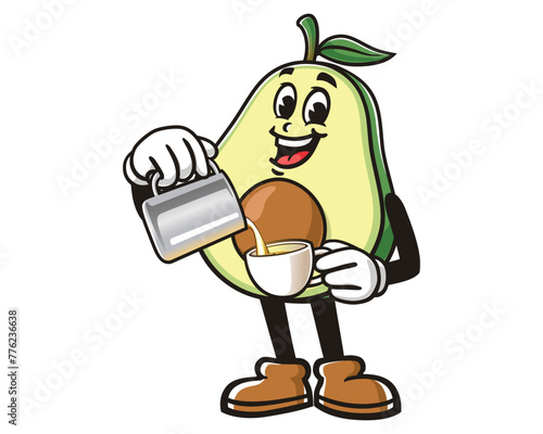 Avocado is making coffee cartoon mascot illustration character vector clip art hand drawn