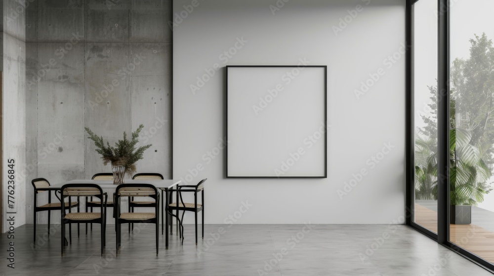 A minimalist dining area with a spacious, unadorned wall featuring a single, oversized blank photo frame, accompanied by a sleek dining table set. A minimalist dining area with a spacious, unadorned wall featuring a single, oversized blank photo frame, accompanied by a sleek dining table set.