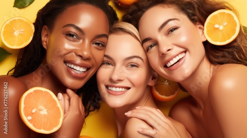 Diverse Group of Friends Showcasing Beauty and Wellness with Lemon for Skincare on an Orange Studio Backdrop Generative AI