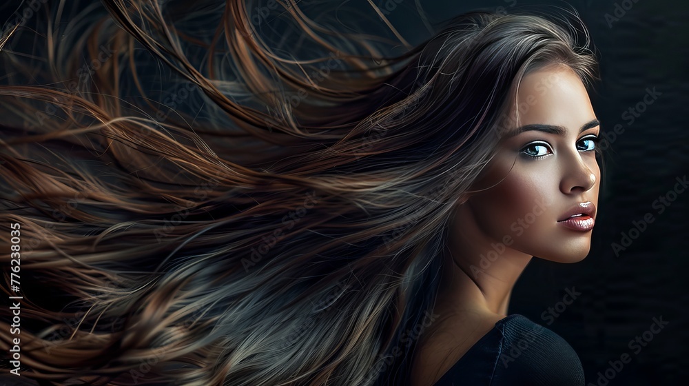 A striking image of a gorgeous brunette woman with long, flowing hair. A striking image of a gorgeous brunette woman with long, flowing hair.