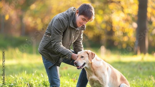 A young man is standing outdoors with a labrador. The man is on a green grass and is petting the dog. photo