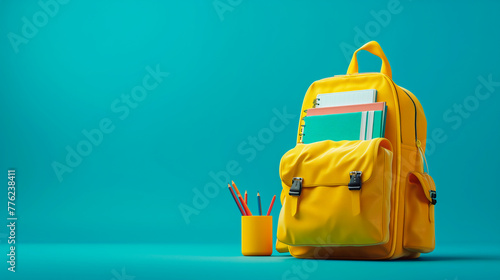 composition back to school. Yellow school backpack, pens, pencils on a blue background, copy space