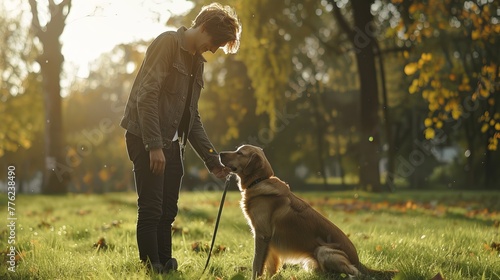 A young man is standing outdoors with a labrador. The man is on a green grass and is petting the dog. photo