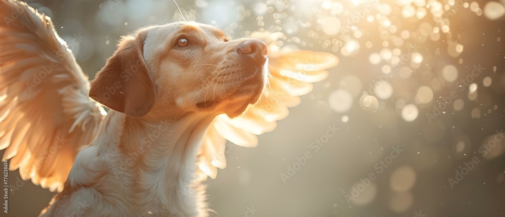 Labrador Retriever dog with angel wings in the sky. Concept Dog, Labrador Retriever, Angel Wings, Sky, Pet Portrait - obrazy, fototapety, plakaty 