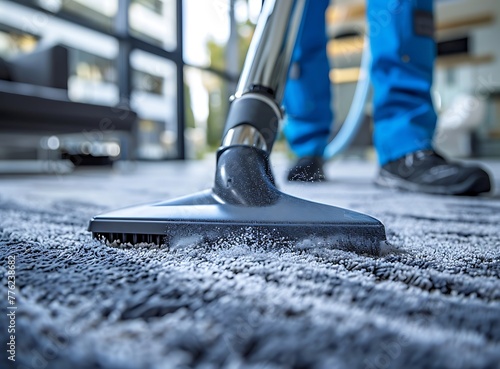 A professional carpet cleaning service is seen in action, using advanced equipment to clean the dirty and dusty floor of an apartment or office space