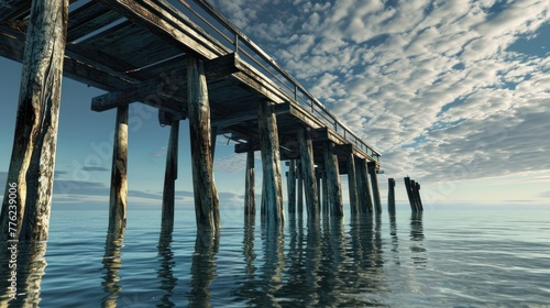 A weathered wooden pier stretches out over calm water, its supports visible at the water's surface. The sky is blue with scattered clouds.