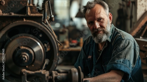 An elderly man with a beard works on machines in a workshop. He is dressed in work clothes. The room is filled with various tools and mechanisms.