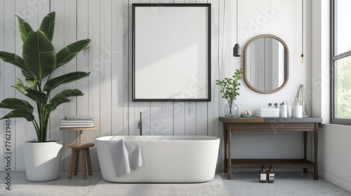 An elegant  minimalist bathroom  featuring a large blank photo frame above a minimalist vanity  creating a sophisticated and tranquil atmosphere.