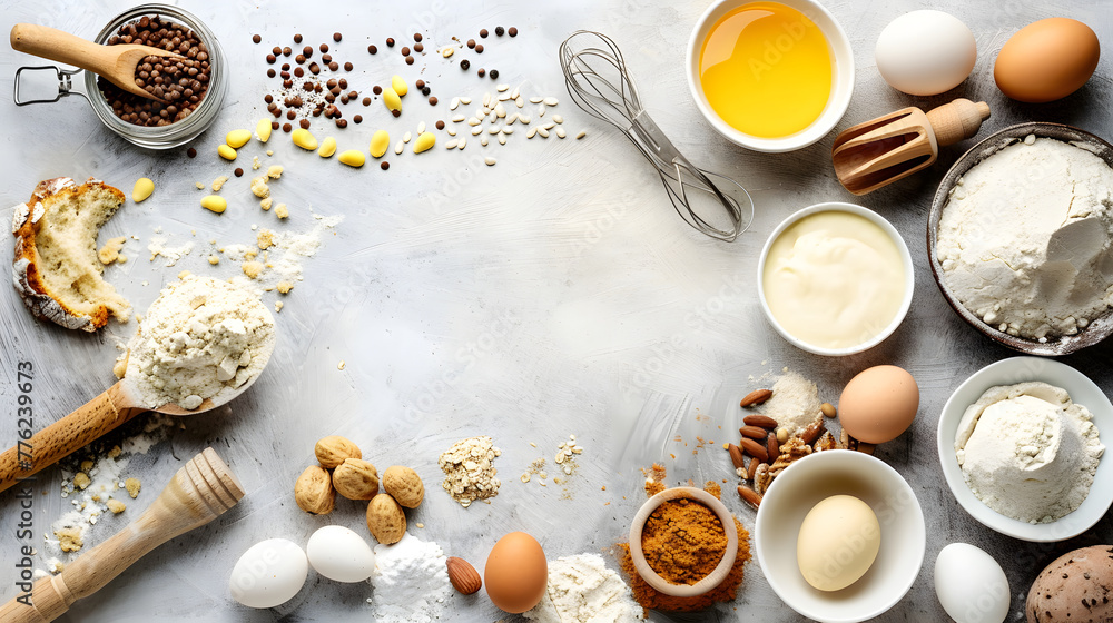 Baking ingredients, eggs, flour, sugar, cinnamon, cooking background Baking ingredients, eggs, flour, sugar, cinnamon, cooking background