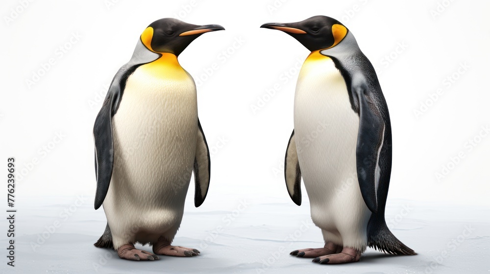 Fototapeta premium Two penguins standing next to each other on a white surface. They are facing each other. The background is white.