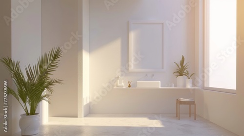 An elegant  minimalist bathroom  featuring a large blank photo frame above a minimalist vanity  creating a sophisticated and tranquil atmosphere.