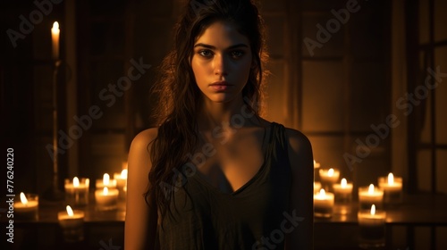 A woman with brown hair stands in a dark room with lit candles around her.