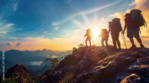 Portrait group people hikers on mountain top against sunset in blue sky at sunny day. AI generated © MUCHIB