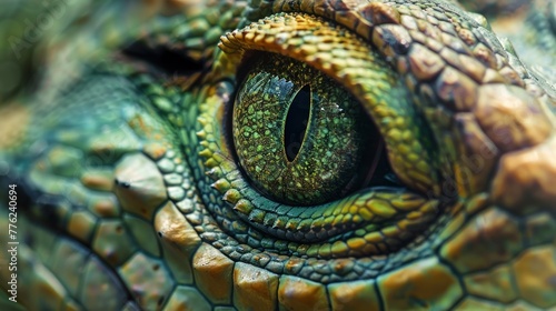 Closeup portrait dragon green eye of wild reptile animal. AI generated image © MUCHIB